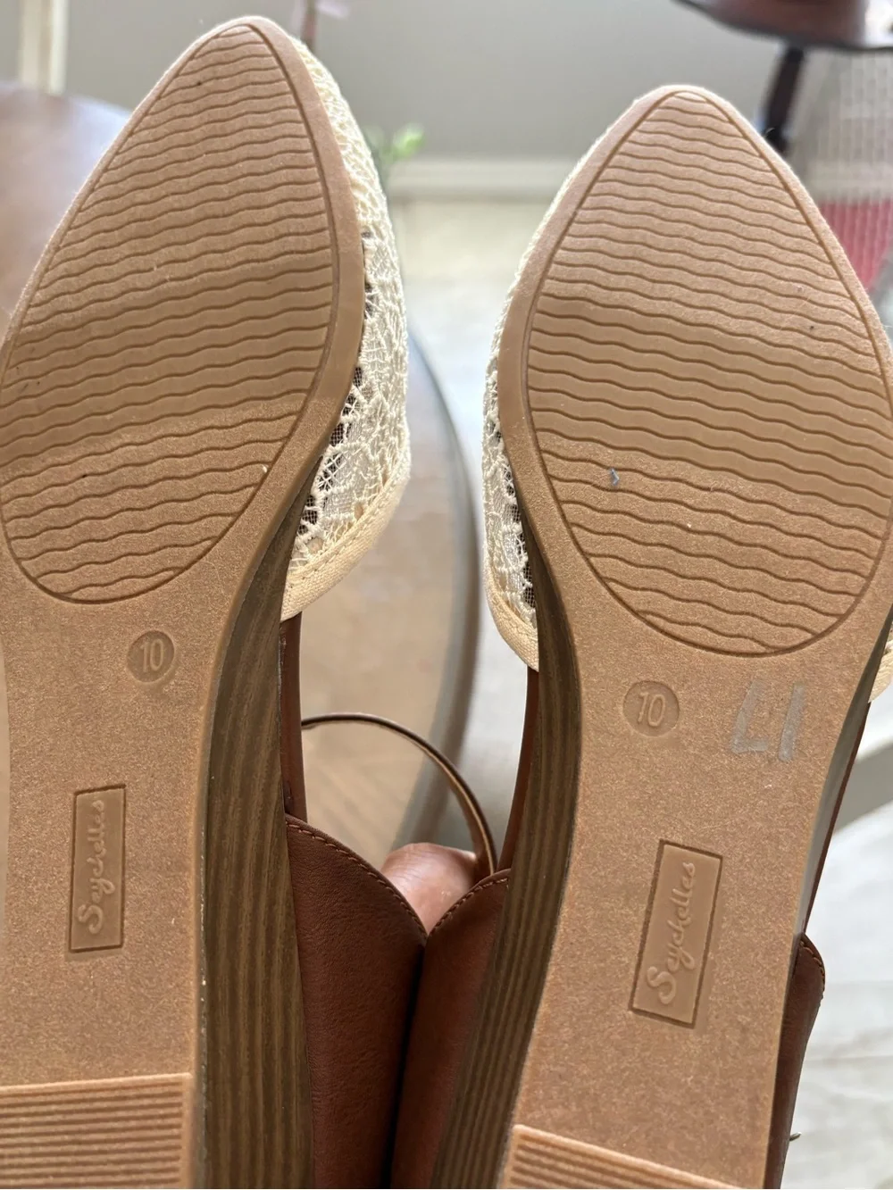 Seychelles Cream Lace Pointed-Toe Flats with Brown Ankle Straps